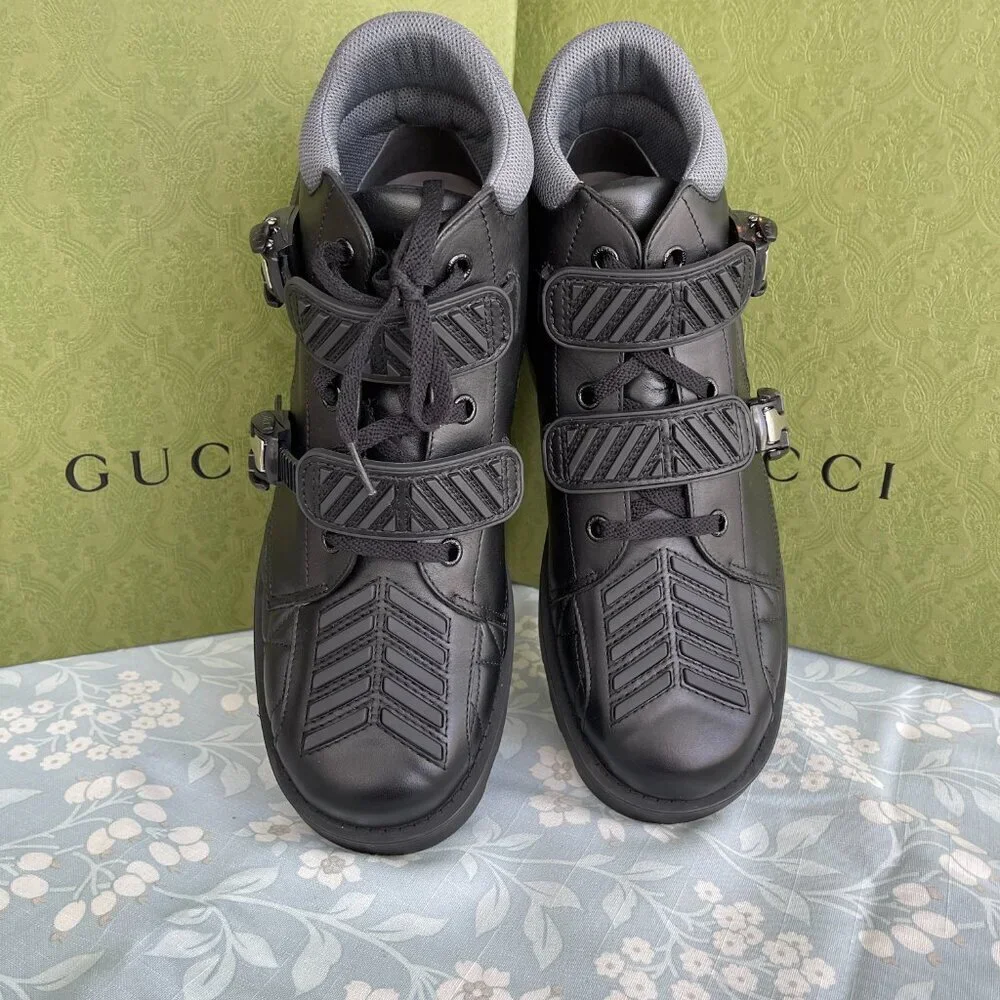 Gucci 718665 Black Leather Quebec Hi-top Calf Men's Sneakers Shoe, Sz G10‎